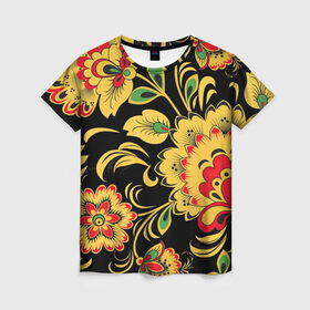 Женская футболка 3D с принтом Хохлома , 100% полиэфир ( синтетическое хлопкоподобное полотно) | прямой крой, круглый вырез горловины, длина до линии бедер | арт | вектор | желтый | зеленый | золотой | красный | народный рисунок | рисунок | хохлома | цветок | цветы | чёрный