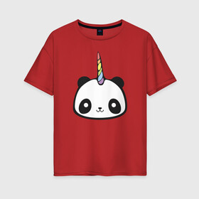Женская футболка хлопок Oversize с принтом Панда-единорог , 100% хлопок | свободный крой, круглый ворот, спущенный рукав, длина до линии бедер
 | единорог | милая пандочка | панда | панда единорог | панда единорожка | панда с рогом | пандочка | пандочка единорог | пандочка единорожка