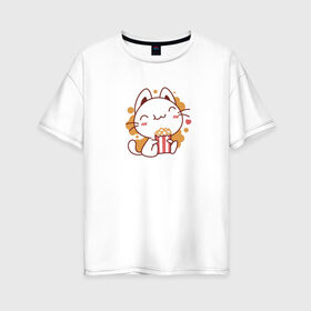 Женская футболка хлопок Oversize с принтом Поп-корн и кот , 100% хлопок | свободный крой, круглый ворот, спущенный рукав, длина до линии бедер
 | popcorn | кино | кот | кошка | поп корн | попкорн