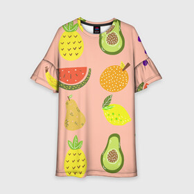 Детское платье 3D с принтом Фруктики , 100% полиэстер | прямой силуэт, чуть расширенный к низу. Круглая горловина, на рукавах — воланы | Тематика изображения на принте: авокадо | ананас | апельсин | арбуз | виноград | груша | лимон | фрукт
