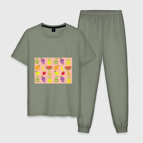 Мужская пижама хлопок с принтом Фруктики , 100% хлопок | брюки и футболка прямого кроя, без карманов, на брюках мягкая резинка на поясе и по низу штанин
 | авокадо | ананас | апельсин | арбуз | виноград | груша | лимон | фрукт