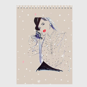 Скетчбук с принтом Девушка , 100% бумага
 | 48 листов, плотность листов — 100 г/м2, плотность картонной обложки — 250 г/м2. Листы скреплены сверху удобной пружинной спиралью | бежевый | гламур | девушка | звезда | красивая | мода | снежинка | фэшн
