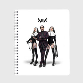 Тетрадь с принтом Marilyn Manson , 100% бумага | 48 листов, плотность листов — 60 г/м2, плотность картонной обложки — 250 г/м2. Листы скреплены сбоку удобной пружинной спиралью. Уголки страниц и обложки скругленные. Цвет линий — светло-серый
 | Тематика изображения на принте: art | logo | manson | marilyn | rock | usa | великий | лого | логотип | мэнсон | мэрилин | рок | ужасный