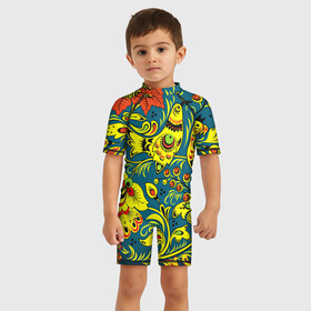 Детский купальный костюм 3D с принтом Хохлома , Полиэстер 85%, Спандекс 15% | застежка на молнии на спине | арт | вектор | желтый | зеленый | золотой | красный | народный рисунок | рисунок | синий | хохлома | цветок | цветы | чёрный | ягода | ягоды