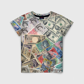 Детская футболка 3D с принтом Деньги , 100% гипоаллергенный полиэфир | прямой крой, круглый вырез горловины, длина до линии бедер, чуть спущенное плечо, ткань немного тянется | арт | банкноты | валюта | деньги | доллары | зеленый | иена | красный | серый | синий | фунт стерлингов | юани