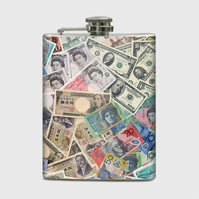 Фляга с принтом Деньги , металлический корпус | емкость 0,22 л, размер 125 х 94 мм. Виниловая наклейка запечатывается полностью | арт | банкноты | валюта | деньги | доллары | зеленый | иена | красный | серый | синий | фунт стерлингов | юани