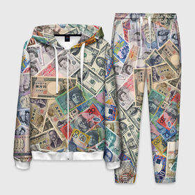 Мужской костюм 3D с принтом Деньги , 100% полиэстер | Манжеты и пояс оформлены тканевой резинкой, двухслойный капюшон со шнурком для регулировки, карманы спереди | арт | банкноты | валюта | деньги | доллары | зеленый | иена | красный | серый | синий | фунт стерлингов | юани