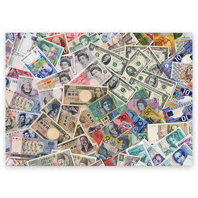 Поздравительная открытка с принтом Деньги , 100% бумага | плотность бумаги 280 г/м2, матовая, на обратной стороне линовка и место для марки
 | арт | банкноты | валюта | деньги | доллары | зеленый | иена | красный | серый | синий | фунт стерлингов | юани