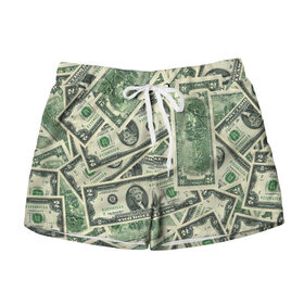 Женские шорты 3D с принтом Доллар , 100% полиэстер | прямой крой, два кармана без застежек по бокам. Мягкая трикотажная резинка на поясе, внутри которой широкие завязки. Длина до середины бедра | 100 долларов | арт | банкноты | валюта | деньги | доллар | зеленый | рисунок | сто | сто долларов