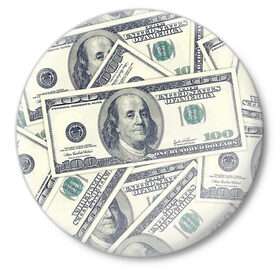 Значок с принтом Доллары ,  металл | круглая форма, металлическая застежка в виде булавки | Тематика изображения на принте: 100 долларов | арт | банкноты | валюта | деньги | доллары | зеленый | зелень | сто | сто долларов