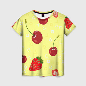Женская футболка 3D с принтом Черешня и клубника , 100% полиэфир ( синтетическое хлопкоподобное полотно) | прямой крой, круглый вырез горловины, длина до линии бедер | арт | вишня | жёлтый | зеленый | клубника | красный | рисунок | черешня | ягода