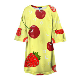 Детское платье 3D с принтом Черешня и клубника , 100% полиэстер | прямой силуэт, чуть расширенный к низу. Круглая горловина, на рукавах — воланы | арт | вишня | жёлтый | зеленый | клубника | красный | рисунок | черешня | ягода