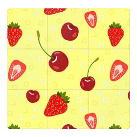 Магнитный плакат 3Х3 с принтом Черешня и клубника , Полимерный материал с магнитным слоем | 9 деталей размером 9*9 см | арт | вишня | жёлтый | зеленый | клубника | красный | рисунок | черешня | ягода