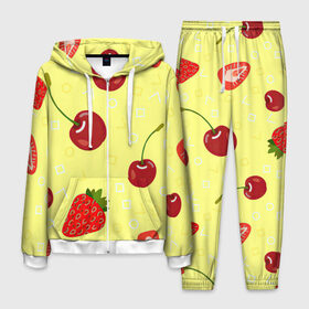 Мужской костюм 3D с принтом Черешня и клубника , 100% полиэстер | Манжеты и пояс оформлены тканевой резинкой, двухслойный капюшон со шнурком для регулировки, карманы спереди | арт | вишня | жёлтый | зеленый | клубника | красный | рисунок | черешня | ягода