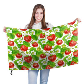 Флаг 3D с принтом Земляника , 100% полиэстер | плотность ткани — 95 г/м2, размер — 67 х 109 см. Принт наносится с одной стороны | арт | белые цветы | белый | белый цветок | зеленый | земляника | клубника | красный | лесная ягода | лесные ягоды | листва | листья | растение | рисунок | цветок | цветы