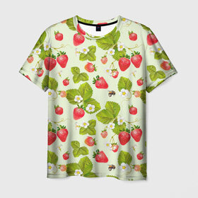 Мужская футболка 3D с принтом Клубника и земляника , 100% полиэфир | прямой крой, круглый вырез горловины, длина до линии бедер | арт | белые цветы | белый | белый цветок | зеленый | земляника | клубника | красный | лесная ягода | лесные ягоды | листва | листья | растение | рисунок | цветок | цветы