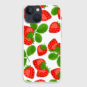 Чехол для iPhone 13 mini с принтом Клубника ,  |  | арт | белый | зеленый | клубника | красный | листва | листья | растение | рисунок | ягоды