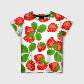 Детская футболка 3D с принтом Клубника , 100% гипоаллергенный полиэфир | прямой крой, круглый вырез горловины, длина до линии бедер, чуть спущенное плечо, ткань немного тянется | арт | белый | зеленый | клубника | красный | листва | листья | растение | рисунок | ягоды