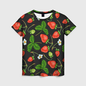Женская футболка 3D с принтом Клубника , 100% полиэфир ( синтетическое хлопкоподобное полотно) | прямой крой, круглый вырез горловины, длина до линии бедер | арт | белые цветы | белый | белый цветок | зеленый | клубника | красный | листва | листья | растение | рисунок | цветок | цветы