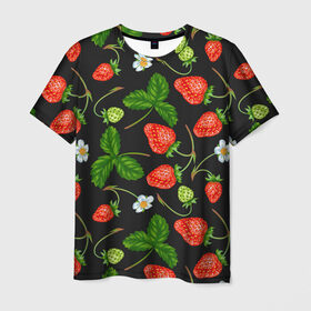 Мужская футболка 3D с принтом Клубника , 100% полиэфир | прямой крой, круглый вырез горловины, длина до линии бедер | арт | белые цветы | белый | белый цветок | зеленый | клубника | красный | листва | листья | растение | рисунок | цветок | цветы