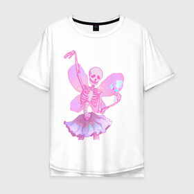 Мужская футболка хлопок Oversize с принтом жизнерадостный скелет , 100% хлопок | свободный крой, круглый ворот, “спинка” длиннее передней части | веселый | крылья | магия | пастель | позитив | розовый | скелет | скелетон | фея