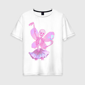 Женская футболка хлопок Oversize с принтом жизнерадостный скелет , 100% хлопок | свободный крой, круглый ворот, спущенный рукав, длина до линии бедер
 | веселый | крылья | магия | пастель | позитив | розовый | скелет | скелетон | фея