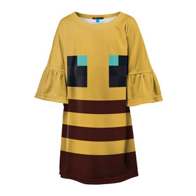 Детское платье 3D с принтом Minecraft Bee , 100% полиэстер | прямой силуэт, чуть расширенный к низу. Круглая горловина, на рукавах — воланы | Тематика изображения на принте: bee | minecraft | майнкрафт | пчела | пчёлка | пчелобав