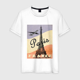 Мужская футболка хлопок с принтом Paris/Париж , 100% хлопок | прямой крой, круглый вырез горловины, длина до линии бедер, слегка спущенное плечо. | airplane | city | elf tower | flag | france | illustration | landmark | paris | tower | башня | город | достопримечательность | иллюстрация | париж | самолёт | флаг | флаг франции | франция | эльфивая башня