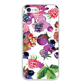 Чехол для iPhone 5/5S матовый с принтом Ягоды , Силикон | Область печати: задняя сторона чехла, без боковых панелей | арт | зеленый | краска | краски | красный | листок | листья | малина | пятна | пятна краски | растение | рисунок | синий | тёмный | фиолетовый | чёрная малина | черника