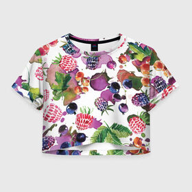 Женская футболка Crop-top 3D с принтом Ягоды , 100% полиэстер | круглая горловина, длина футболки до линии талии, рукава с отворотами | арт | зеленый | краска | краски | красный | листок | листья | малина | пятна | пятна краски | растение | рисунок | синий | тёмный | фиолетовый | чёрная малина | черника
