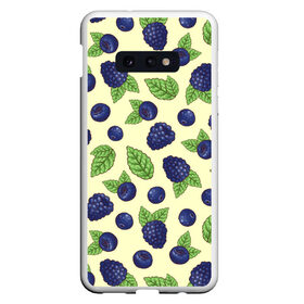 Чехол для Samsung S10E с принтом Синие ягоды , Силикон | Область печати: задняя сторона чехла, без боковых панелей | арт | желтый | зеленый | кремовый | лист | листок | листья | малина | рисунок | синий | синяя малина | синяя черника | чёрная малина | черника