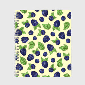 Тетрадь с принтом Синие ягоды , 100% бумага | 48 листов, плотность листов — 60 г/м2, плотность картонной обложки — 250 г/м2. Листы скреплены сбоку удобной пружинной спиралью. Уголки страниц и обложки скругленные. Цвет линий — светло-серый
 | арт | желтый | зеленый | кремовый | лист | листок | листья | малина | рисунок | синий | синяя малина | синяя черника | чёрная малина | черника