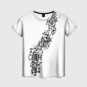 Женская футболка 3D с принтом музыка , 100% полиэфир ( синтетическое хлопкоподобное полотно) | прямой крой, круглый вырез горловины, длина до линии бедер | андер | бит | диск | мелодия | микро | микрофон | музыка | рэп | тату | футболка | хип хоп