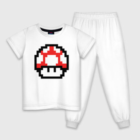 Детская пижама хлопок с принтом Гриб Марио , 100% хлопок |  брюки и футболка прямого кроя, без карманов, на брюках мягкая резинка на поясе и по низу штанин
 | 8 bit | 8 бит | 8bit | 8бит | art | dendy | mario | mushroom | pixel | super | арт | гриб | денди | марио | пиксель | супер