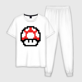 Мужская пижама хлопок с принтом Гриб Марио , 100% хлопок | брюки и футболка прямого кроя, без карманов, на брюках мягкая резинка на поясе и по низу штанин
 | 8 bit | 8 бит | 8bit | 8бит | art | dendy | mario | mushroom | pixel | super | арт | гриб | денди | марио | пиксель | супер