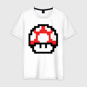 Мужская футболка хлопок с принтом Гриб Марио , 100% хлопок | прямой крой, круглый вырез горловины, длина до линии бедер, слегка спущенное плечо. | Тематика изображения на принте: 8 bit | 8 бит | 8bit | 8бит | art | dendy | mario | mushroom | pixel | super | арт | гриб | денди | марио | пиксель | супер