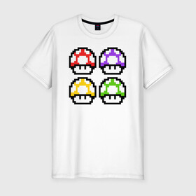 Мужская футболка хлопок Slim с принтом Грибы Марио , 92% хлопок, 8% лайкра | приталенный силуэт, круглый вырез ворота, длина до линии бедра, короткий рукав | 8 bit | 8 бит | 8bit | 8бит | art | dendy | mario | mushroom | pixel | super | арт | гриб | денди | марио | пиксель | супер