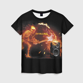 Женская футболка 3D с принтом Metallica , 100% полиэфир ( синтетическое хлопкоподобное полотно) | прямой крой, круглый вырез горловины, длина до линии бедер | fire | flame | guitar | metallica | music | rock | skeleton | skull | trashmetal | гитара | металлика | музыка | огонь | пламя | рок | скелет | череп