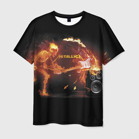 Мужская футболка 3D с принтом Metallica , 100% полиэфир | прямой крой, круглый вырез горловины, длина до линии бедер | fire | flame | guitar | metallica | music | rock | skeleton | skull | trashmetal | гитара | металлика | музыка | огонь | пламя | рок | скелет | череп