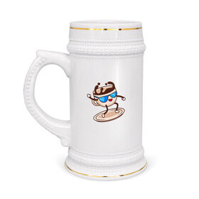 Кружка пивная с принтом На Кофейной Волне ,  керамика (Материал выдерживает высокую температуру, стоит избегать резкого перепада температур) |  объем 630 мл | coffee | surfer | блюдце | еда | кофе | на кофейной волне | серфер | чашка в очках | чашка кофе