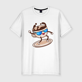 Мужская футболка хлопок Slim с принтом На Кофейной Волне , 92% хлопок, 8% лайкра | приталенный силуэт, круглый вырез ворота, длина до линии бедра, короткий рукав | coffee | surfer | блюдце | еда | кофе | на кофейной волне | серфер | чашка в очках | чашка кофе