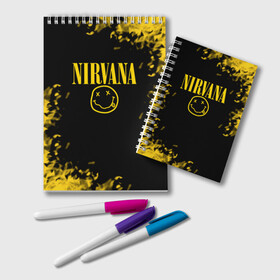 Блокнот с принтом NIRVANA , 100% бумага | 48 листов, плотность листов — 60 г/м2, плотность картонной обложки — 250 г/м2. Листы скреплены удобной пружинной спиралью. Цвет линий — светло-серый
 | nirvana | smile | курт кобейн | нирвана | смайл