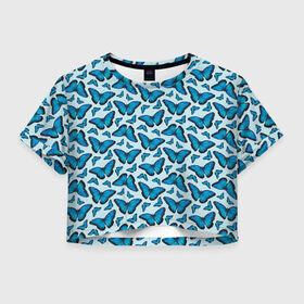 Женская футболка Crop-top 3D с принтом Бабочки морфо , 100% полиэстер | круглая горловина, длина футболки до линии талии, рукава с отворотами | butterflies | butterfly | pattern | бабочка | крылья | морфо | насекомые | паттерн | синий | узор
