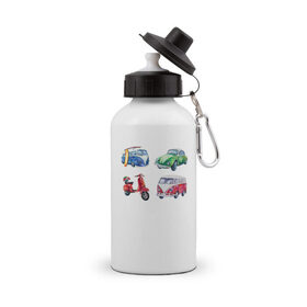 Бутылка спортивная с принтом машинки акварельные , металл | емкость — 500 мл, в комплекте две пластиковые крышки и карабин для крепления | 