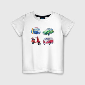 Детская футболка хлопок с принтом машинки акварельные , 100% хлопок | круглый вырез горловины, полуприлегающий силуэт, длина до линии бедер | 