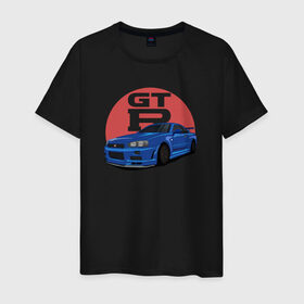 Мужская футболка хлопок с принтом Nissan GT-R 34 , 100% хлопок | прямой крой, круглый вырез горловины, длина до линии бедер, слегка спущенное плечо. | drift | gt r 34 | nissan gtr | r34 | skyline