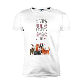 Мужская футболка хлопок Slim с принтом Кошки делают меня счастливым , 92% хлопок, 8% лайкра | приталенный силуэт, круглый вырез ворота, длина до линии бедра, короткий рукав | Тематика изображения на принте: cat | cats | cats make me happy | happiness is | kitty | животное | животные | звери | зверь | кот | коты | котята | котятки | кошки | кошки делают меня счастливым | мур | надпись | сердечко | сердце | хищники