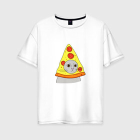 Женская футболка хлопок Oversize с принтом Кот и пицца , 100% хлопок | свободный крой, круглый ворот, спущенный рукав, длина до линии бедер
 | еда | животные | кот | кот в пицце | котик | кошка | мем | прикол | смешной | юмор