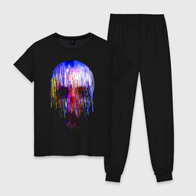 Женская пижама хлопок с принтом Skull illusion , 100% хлопок | брюки и футболка прямого кроя, без карманов, на брюках мягкая резинка на поясе и по низу штанин | color | glitch | neon | paint | skull | vanguard | авангард | глитч | краска | неон | цвет | череп
