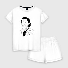 Женская пижама с шортиками хлопок с принтом Ди Каприо , 100% хлопок | футболка прямого кроя, шорты свободные с широкой мягкой резинкой | leo di | джанго освобожденный | ди каприо | леонардо ди каприо | мем ди каприо
